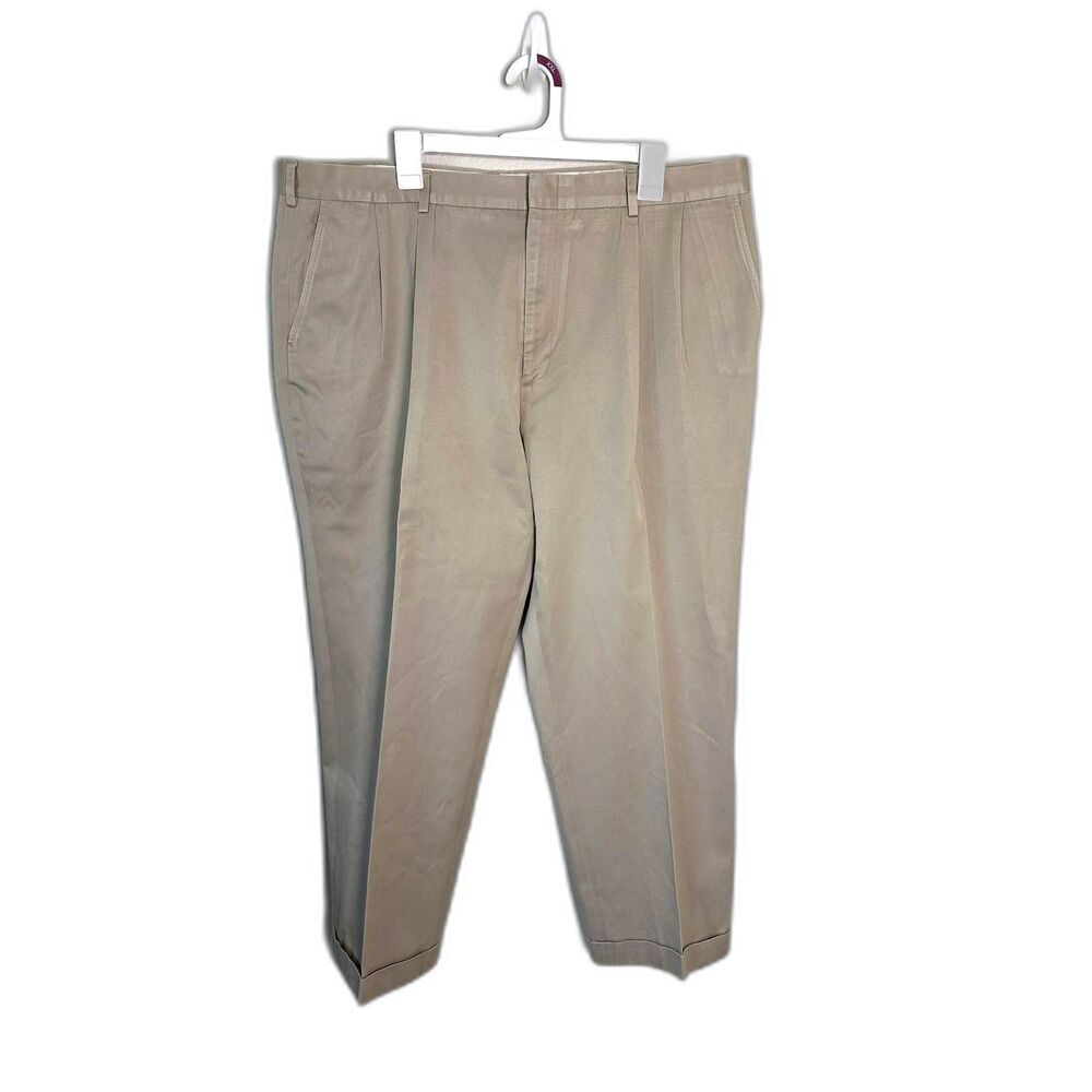 Lands End Mens 42x28 Khaki Chino Pants Pleated Front Cuffed Tan Trousers